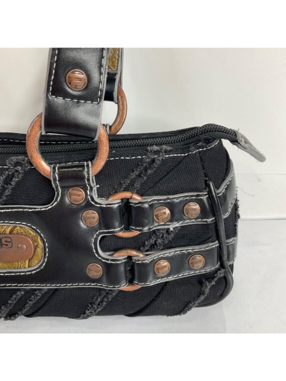 Pepe Jeans Purse Small Black Denim Frayed Vintage Brass Hardware London Rare Y2K - Picture 4 of 15